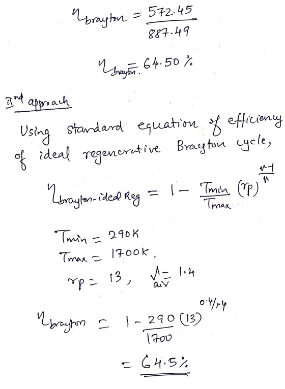 Trayton = 572.45 887.49 2011 . brayhon 64.50% and approach 1. Using standard equation of efficiency of ideal regenerative Bra
