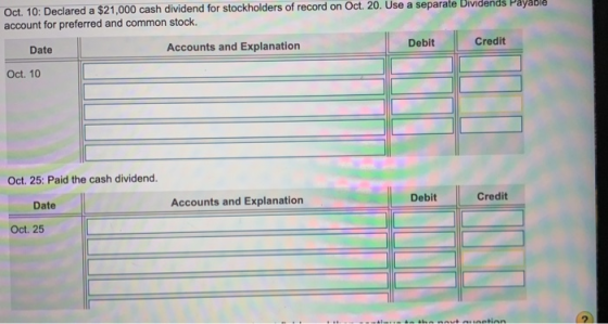 Oct. 10: Declared a $21,000 cash dividend for stockholders of record on Oct. 20. Use a separate Dividends Payable account for