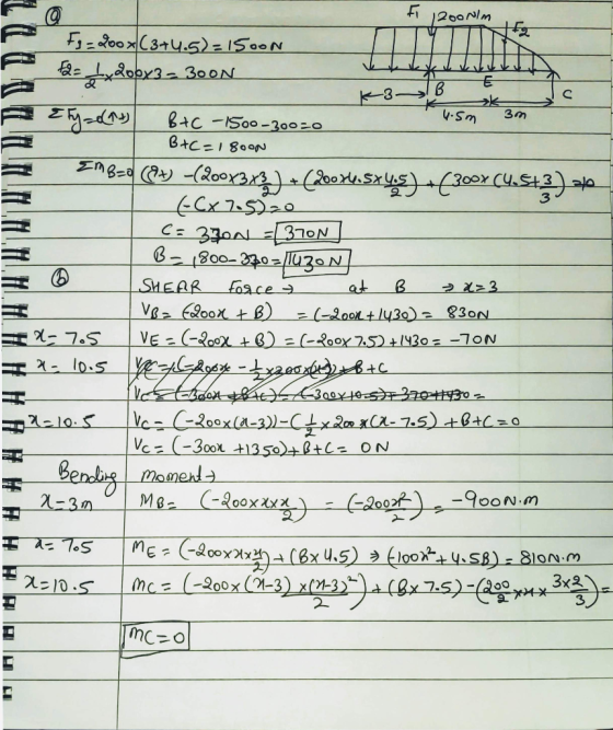 F 12000lm Fi= 2008 (3+4.5)=1500N Ft Laxd0px3 - 300N - K3B euism V.Sm 3m E Efy=0(^+ B+C -1500-300=0 B+C=1800N EMB=0 (18+) -(20