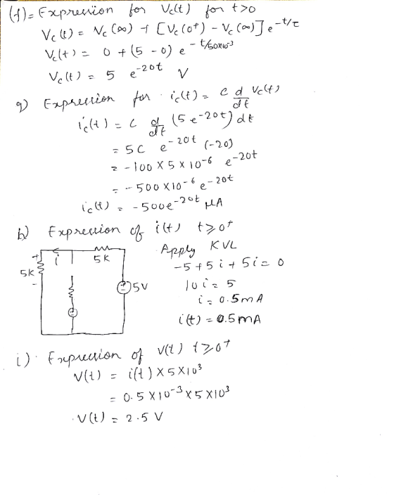 1) Exprenion for Velt) fo to Vc ) Ne C) Cv.(ot) -V ()Je- Vlt O 5 - 0) e thomь -20t V Expretion fr ed vet (520 dt - 20t (-20)