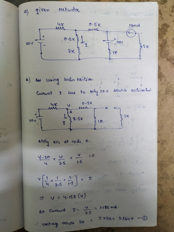 Network Q) given чK 0.5k loma 0.5k ? 20 V 101 23 ЗК IR A) 6 using super position. to only cov source activated Eurent I Due O