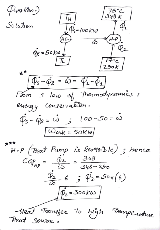 Question: 75°C 348 K TH Solution 105=100kW ei НЕ ci Hop Q1 Pe=50kW TL 17°C 290k Qs – QR = 0 = 42-82 From 1 law of Theimodynam