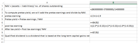 A 1 NAV (assets liabilities)/ no. of shares outstanding (863000000-37000000)/14000000 2 3 To compute pretax yield, we will ad