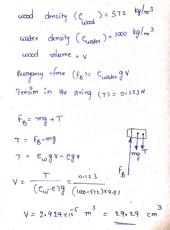 wood kg/m3 density Ce wood :) = 572 3 kg/m water density wood volume (water) = 1000 force (FB )- e water gv Buoyancy Pension