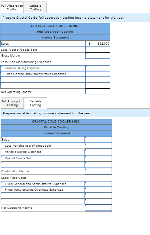 Full Absorption Costing Variable Costing Prepare Crystal Colds full absorption costing income statement for the year. s 352.