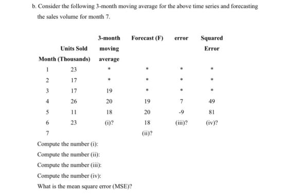 b. Consider the following 3-month moving average for the above time series and forecasting the sales volume for month 7. Fore