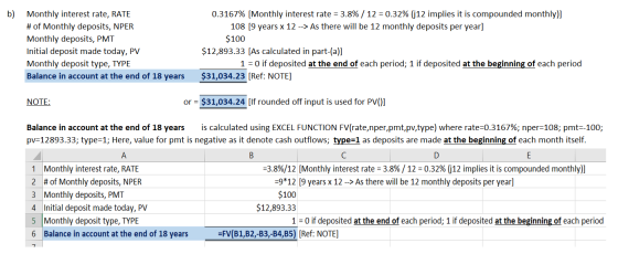 b) Monthly interest rate, RATE # of Monthly deposits, NPER Monthly deposits, PMT Initial deposit made today, PV Monthly depos