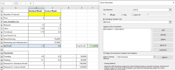 F12 Solver Parameters A Set Objective: SF5121 Standard Model Custom Model To: Max Min O Value of: By Changing Variable Cells: