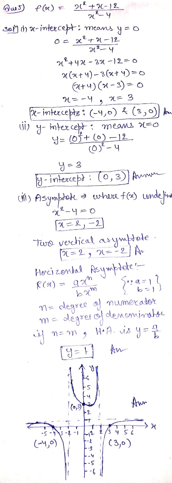 g Ques) f(c) = 1²+2-12 ay Sofy (1) x-intercept: means y=0 o= x²+2-12 x² - 4 7+424-34-)2=0 H(x+4) – 3(x+4)=0 31+4) (-3)=0 n=-4