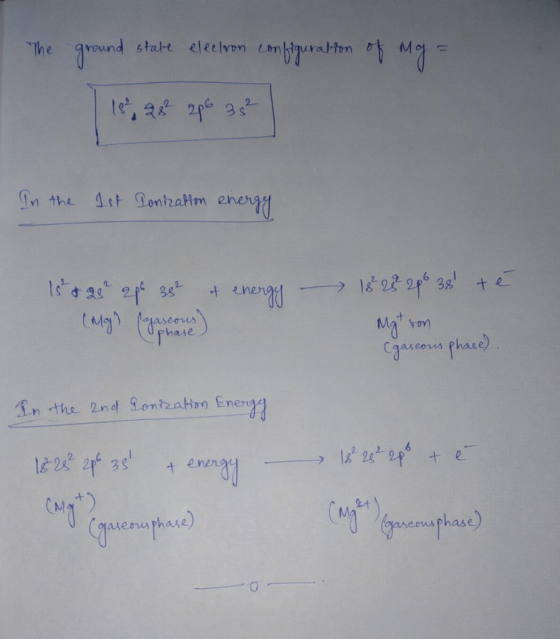 The ground state electron configuration of My = 1st, 28 208 35² In the 1st Ponization energy et energy - 1st & 2² ape 362 (Mg