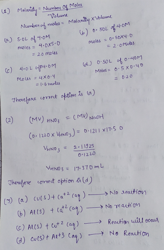 (1) Molarity Volume Molarity X Volume (6) 6. 50L of 4.0M Number of moles= (a) 5.0L of 4.0M moles = 4.005.0 moles = 0.50X4.0 =