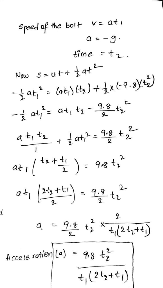 Speed of the bolt vaati a=-9 time =ta. Now s=utt at ² į at, = (at) (tg) + 3x6-9.8) - at, ² = at, tz - 9.8 the atite + £at? =