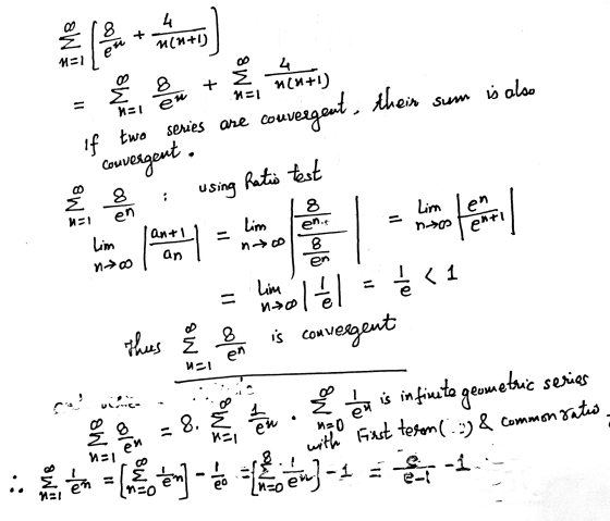 4 [ n(n+1) M=1 olo own 8 Σ N=1 sum is also 4 MCM+1) if two series are com convergent, their Couvergent. Ratio test 8 8 using