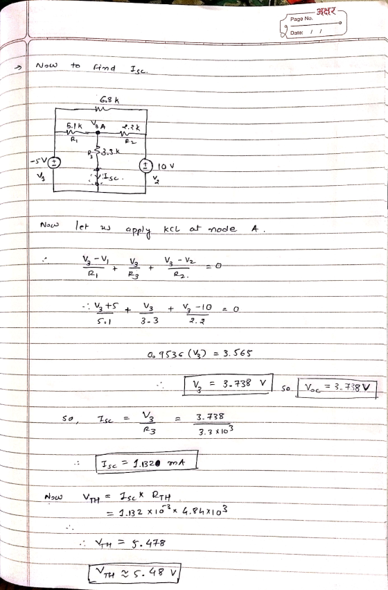 - Page No. Date: 1 Now > to find Isc. . 68k 5. -5V to v Is. Now et us KCL at node A. - V2 R2. - UztS + V3 + 3 -10 : 0 5. 3.3