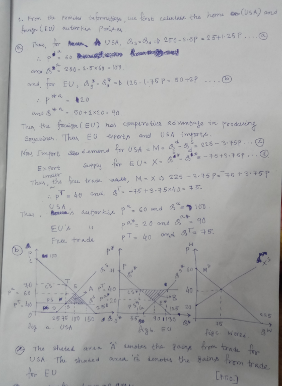 1. From the provided informations we first calculate the home oo (USA) and foreign CEU) autarkix Prices @ Thus, for the USA,
