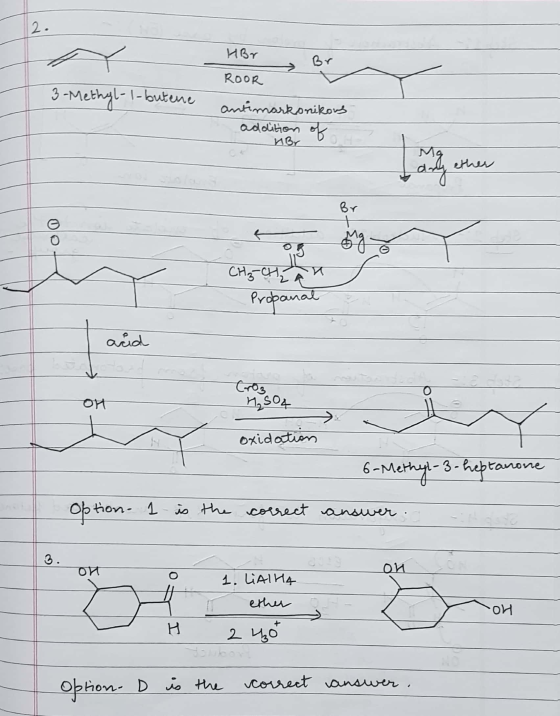 2. HBr Br ROOR 3-Methyl-1- butene antimarkonikows addition of Hr Mg any Br 00 mg. CH3 CHI Probana and Croz 1,504 OH T oxidati