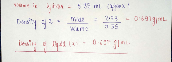 qTindue Density o 5.35 mL (abpX Volume in O6919mL 3.73 Mass 5.35 Volume 0.697 Denatry uid ) uid (z) ML 11