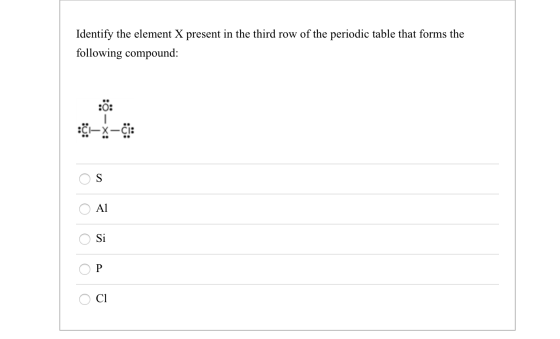 Identify the element X present in the third row of the periodic table that forms the following compound: : -*: os Ο ΑΙ o si O