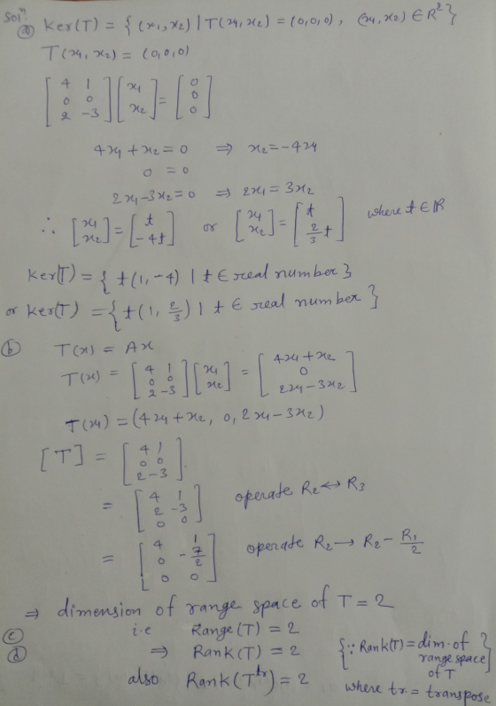 Soj & ker(t) = {(x1, x2) IT (24, 12) = 10,0,0), (1, K2) E R²} T(24, X2) = (0,0,0) (1933) 429 + 2 = 0 = x2 =-424 204-3X₂=0 22