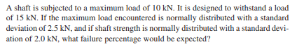 A shaft is subjected to a maximum load of 10 kN. It is designed to withstand a load of 15 kN. If the maximum load encountered is normally distributed with a standard deviation of 2.5 kN, and if shaft strength is normally distributed with a standard devi- ation of 2.0 kN, what failure percentage would be expected?
