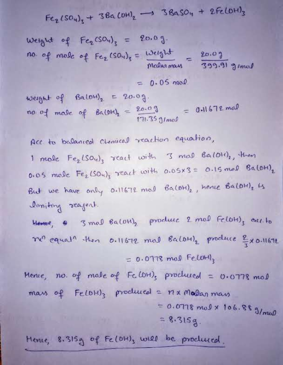 Fe₂(SO4)₂ + 3 Ba(OH, 3 Basou + 2F. LOH weight of Fe₂(SO4) = 20.09. no. of mole of Fe₂(SO4) = Weight - 20.09 Malarmans 399.91