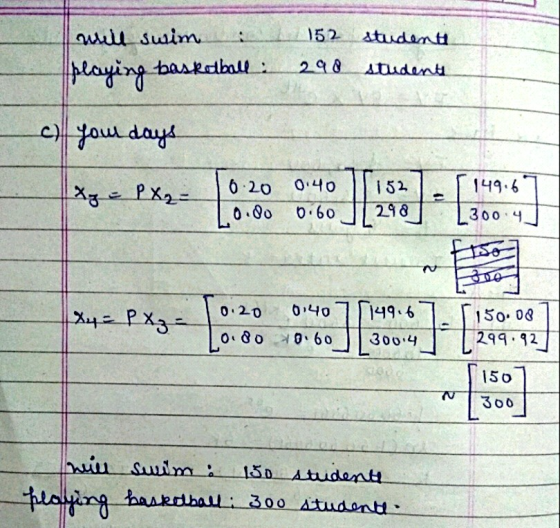 . will swim 152 studenti 298 studenti playing basketball: c) your days 0.40 149.6 IXz = P X₂= 6.20 0.00 152 298 [ 0.60 300.4