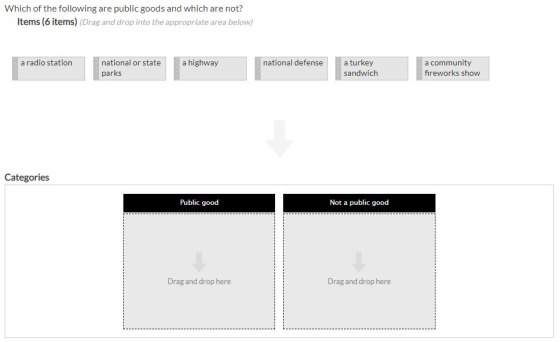 Which of the following are public goods and which are not? Items (6 items) (Drag and drop into the appropriate area below) a turkey sandwich a radio station national or statea highway parks national defense a community fireworks show Categories Public good Not a public good Drag and drop here Drag and drop here
