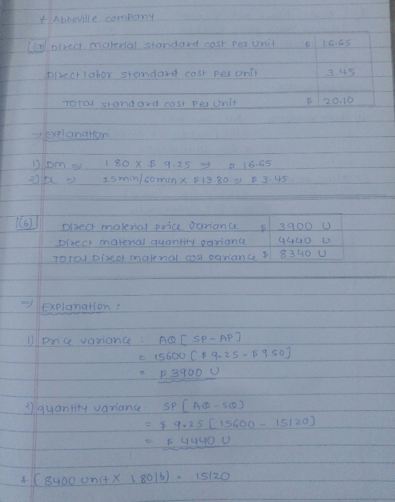 +Abbeville company albiacct matraial stondasd cos Per unit 16.65 DIectlaboY Standard cost pes onit 3.45 TO1O STOndard coSt Pe