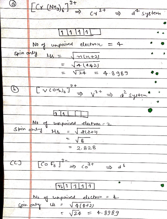 - 3+ [Cx (NH3) 67 2 cist at System No of unpaired electron = 4 spin only us = Inintas 4 (442) = 4.8989 [vcom I v3+ d² systen