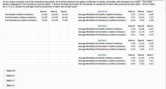 An ice cream company has three manufacturing plants, all of which produce one-gallon containers of vanilla, chocolate, and strawberry ice cream. The matrix below is displayed in the companys annual report. It shows the total production (in thousands of containers) of each size produced at each plant. Which matrix w, X, X or Z, shows the average monthly production of each size at each plant. Plant APlant B Plant C 63,000 126,000 81,000 91,000 133,000 89,000 #Of Strawberry 1-Gallon Containers 78,000 115,000 77,000 Plant APlant B 207 10,413 7,521 10,992 6,446 9,504 MATRIX W Plant C 6,694 7,355 6,364 # of Vanilla 1-Gallon Containers Average Monthly # of Vanilla 1-Gallon Containers Average Monthly # of Chocolate 1-Gallon Containers Average Monthly # of Strawberry 1-Gallon Containers # of Chocolate 1-Gallon Containers Plant APlant B 5,294 10,588 7,647 11,176 6,555 9,664 MATRIXX Average Monthly # of Vanilla 1-Gallon Containers Average Monthly # of Chocolate 1-Gallon Containers Average Monthly # of Strawberry 1-Gallon Containers Plant C 6,807 7,479 6,471 Plant APlant B 5,164 10,328 7,459 10,902 6,393 9,426 MATRIXY Average Monthly # of Vanilla 1-Gallon Containers Average Monthly # of Chocolate 1-Gallon Containers Average Monthly # of Strawberry 1-Gallon Containers Plant C 6,639 7,295 6,311 Plant A 5,250 7,583 6,500 Plant B 10,500 11,083 9,583 MATRIXZ Average Monthly # of Vanilla 1-Gallon Containers Average Monthly # of Chocolate 1-Gallon Containers Average Monthly # of Strawberry 1-Gallon Containers Plant C 6,750 7,417 6,417 Matrix W Matrix X Matrix Y Matrix Z
