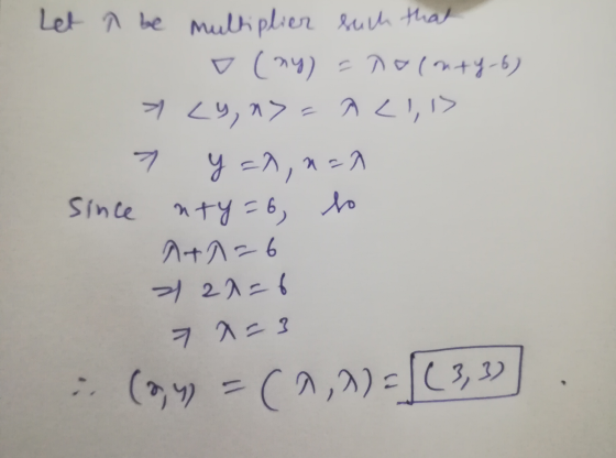 Let ņ be multiplier such that (ny) = nolonty-6) cy, n>= ALI,13 7 y=0,n=A since nty=6, so Ata=6 222=6 x=3 . (,y) = (^,^2=(3,39