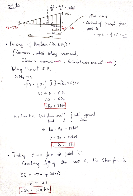 Solution we 6x6 2 = /86N 6 kN/m How 2 m? A o Centroid of Triangle from RA - 7KN/ B GkN-m/ RB=1 kN 1 l5m port B, 2m 3 m. IL a