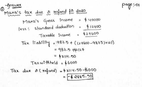 page=0 0 Answer Maras tax due or refund po 2020 Moras Gross income $ 40000 less : Standard deduction $12400 Tarable income