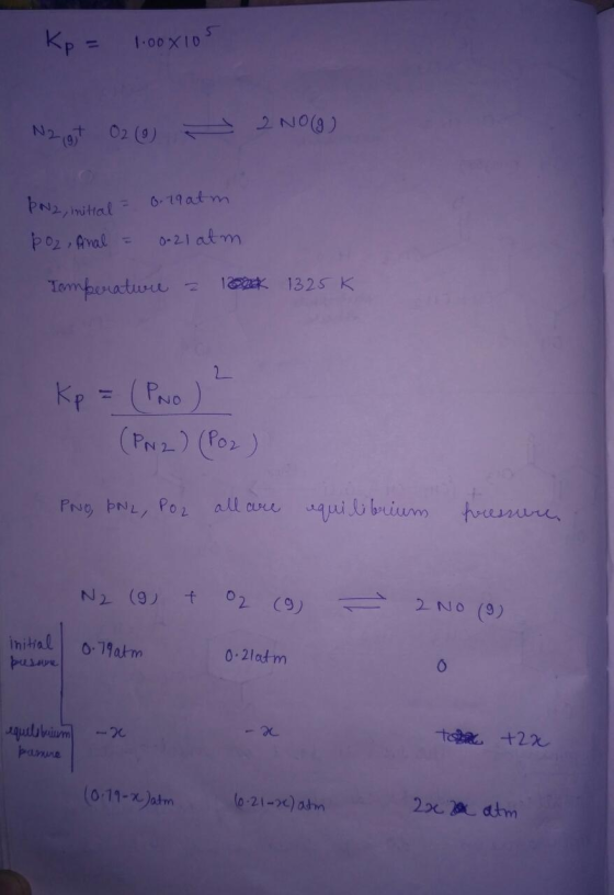 Kp = 1:00xios N2igt 02 (0) 2NO(g) PN2, initial = 0.19atm poz final = 0.21 atm Temperature a 100k 1325k. Kp = (PNO )² (PN 2) (