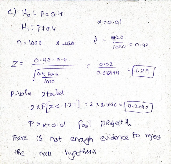 c) Ho: P=0.4 d=0:0) Hio Proy n=1000 x=420 420 1000 = 0.42 0.42-004 2- 0.02 (1.29 0.0154919 oil Xo6 1000 X a.1020 = 0 2040 P-v
