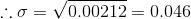 \therefore \sigma =\sqrt{0.00212} = 0.046