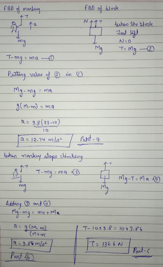 FBD of marley FBD of block na lehen the block Lust lip N:o Tang - Mg T-mg = ma Putting values of ③ in o mg.mg = ma g(mam) ama