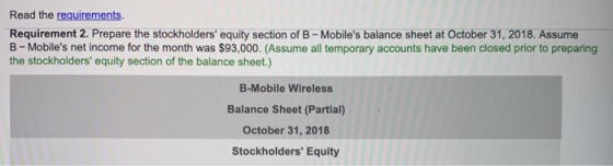 Read the requirements. Requirement 2. Prepare the stockholders equity section of B - Mobiles balance sheet at October 31, 2