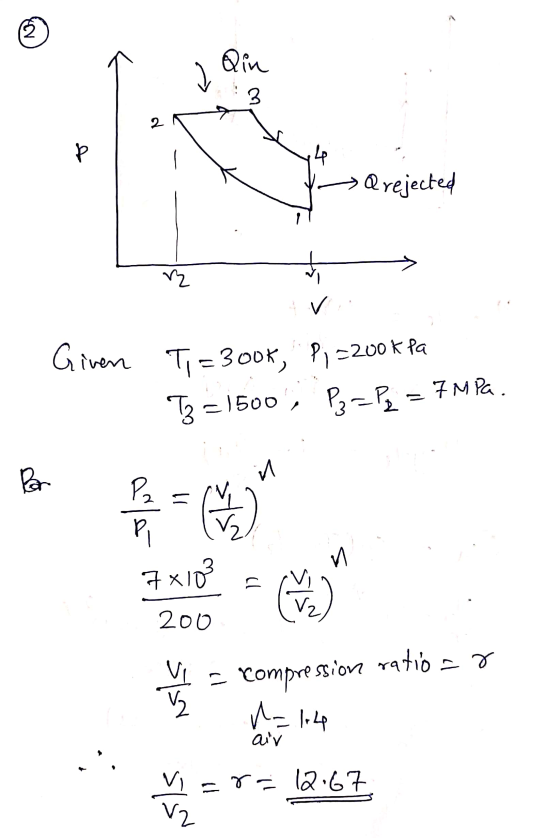 → > Qrejected -- > M - = 300x, 1-200 ka = 1500 , 3-P, = 7MIA . ज ।। Vie compression ratio - Y = 1.4 v=Y = 1267