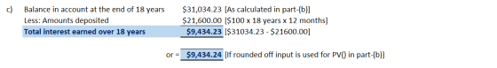 Balance in account at the end of 18 years Less: Amounts deposited Total interest earned over 18 years $31,034.23 [As calculat