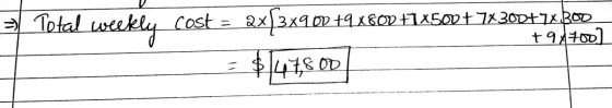 = Total weekly cost = 2x{3x90 +9x80p #1X500 + 7X200+72 bop = $147,800 +9X700)