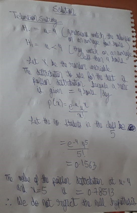 Solution Tebwilion Survey Hi= u<4 [thy H. = 4 = 4 (Americans watch the tilvision on an average you, sowie watch on an arrage