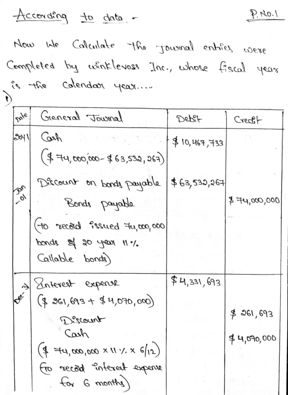 According to data - P. No.1 Now we Calculate the journal entries were Completed by winklevoss Inc., whose fiscal year is the