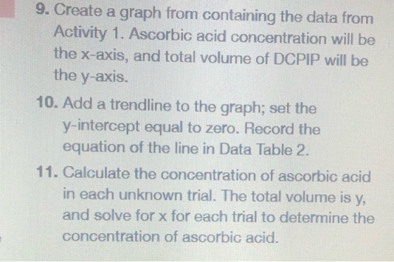9. Create a graph from containing the data from Activity 1. Ascorbic acid concentration will be the x-axis, and total volume