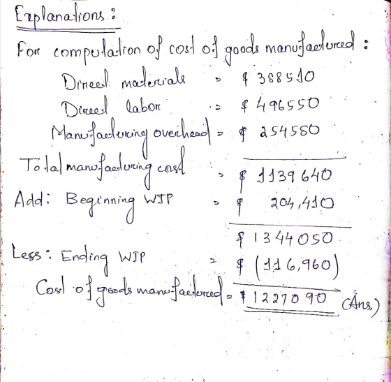 Explanations: For comportation of cost of goods manufactured : Direel materiale ; $358510 Direed labor is $496550 Manufaeleei