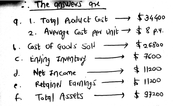 . The qwers qre 9. 1. Totg) Protuct Cost -→ $34400 2. Average Cost por unit → $8 p.y. 6. Cast of Gos Sold c. Enting Irventony