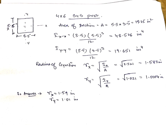 5.5x 3,5=19125 int - - X 7.-pom.. 4XG sus post. Area of Bection = A= Ix-x = (3.5) (5,5)3 12 - - 2 48.526 in Iyayo (515) (3:5