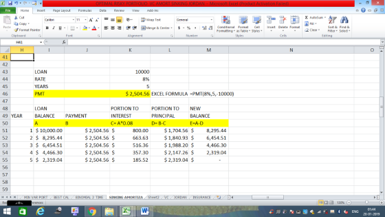 Home nert Page Layout Formulas Data Review View dd-Ins s Cut aCopy Σ AutoSum Wrap Text B า 프 . Ej-., Δ. : r_一 逻锂函Merge & Center. $, % , 弼,8 conditional Format . Cell Insert Delete Format Sort &Find & 2 ClearFe Select Edting Format Painter Formatting, as Table w styles. ▼ ㆆ ▼ Clipboard Alignment Number Cells H41 41 43 LOAN RATE YEARS PMT 10000 3% 5 45 46 47 48 49 YEAR 50 51 52 53 54 $2,504.56 EXCEL FORMULA-PMT(8%,5-10000) LOAN BALANCE PORTION TO INTEREST C A*0.08 PORTION TONEW PRINCIPAL D- B-C PAYMENT BALANCE 1 $10,000.00 2 $ 8,295.44 3 6,454.51 4 S 4,466.30 5 2,319.04 $2,504.56 $ 2,504.56 $ $2,504.56 $ 2,504.56 $ $ 2,504.56 $ 800.00 663.63 516.36 357.30 185.52 E-A-D 1,704.56 $ 8,295.44 1,840.93 $6,454.51 1,988.20 4,466.30 $2,147.26 $ 2,319.04 2,319.04 $ 56 57 58 59 11 トトー MÍN VAR PORT BEST CAL BINOMIAL 2 TIME- SINKING AMORTIZA A Sheet2 JORDAN INSURANCE 01:44