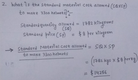 2. What is the standard material cost allowed (SQxsp) to make 3300 helmets - Standard quantity allowed = 1782 kilograms Stand