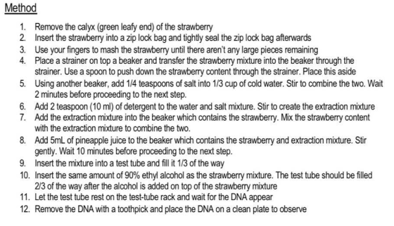 Method 1. Remove the calyx (green leafy end) of the strawberry 2. Insert the strawberry into a zip lock bag and tightly seal